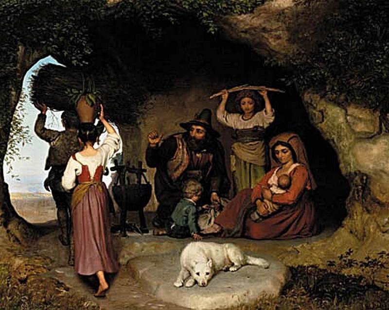 Contadini dei Monti Sabini impegnati in una grotta della Campagna a preparare una polenta a mezzogiorno - 1850
